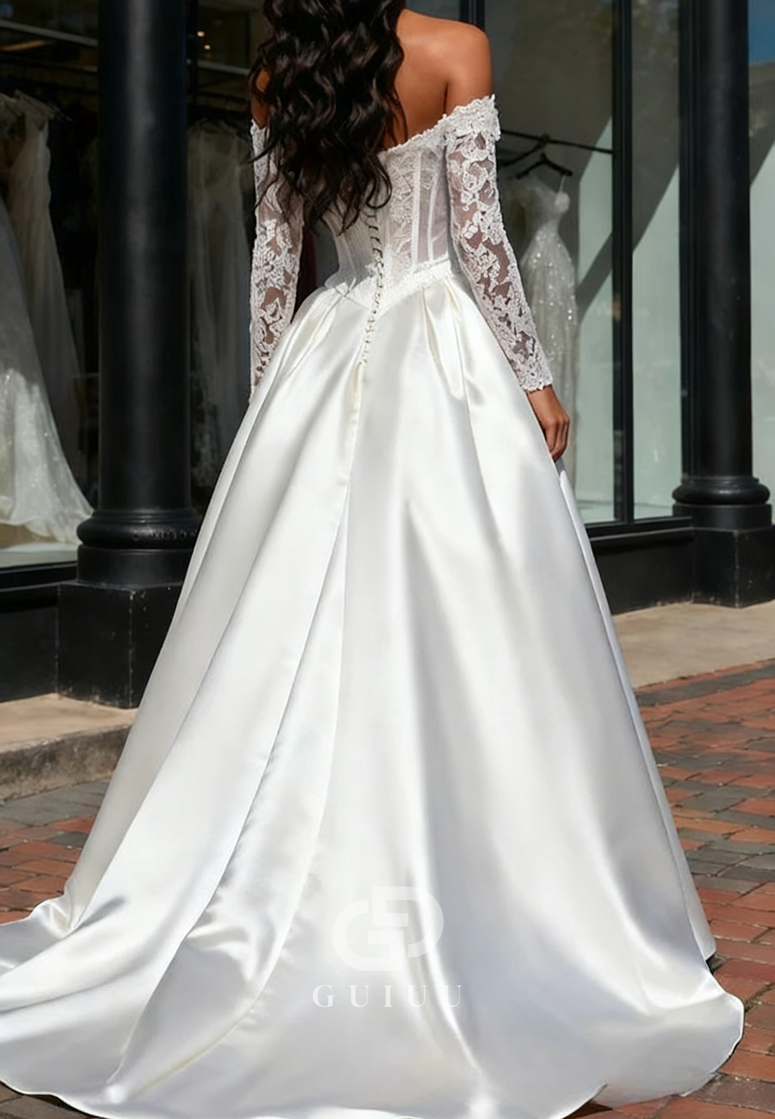 Elegant Long Sleeves Off-Shoulder Slit Satin Wedding Dress