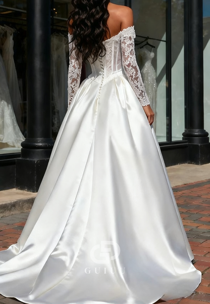 Elegant Long Sleeves Off-Shoulder Slit Satin Wedding Dress
