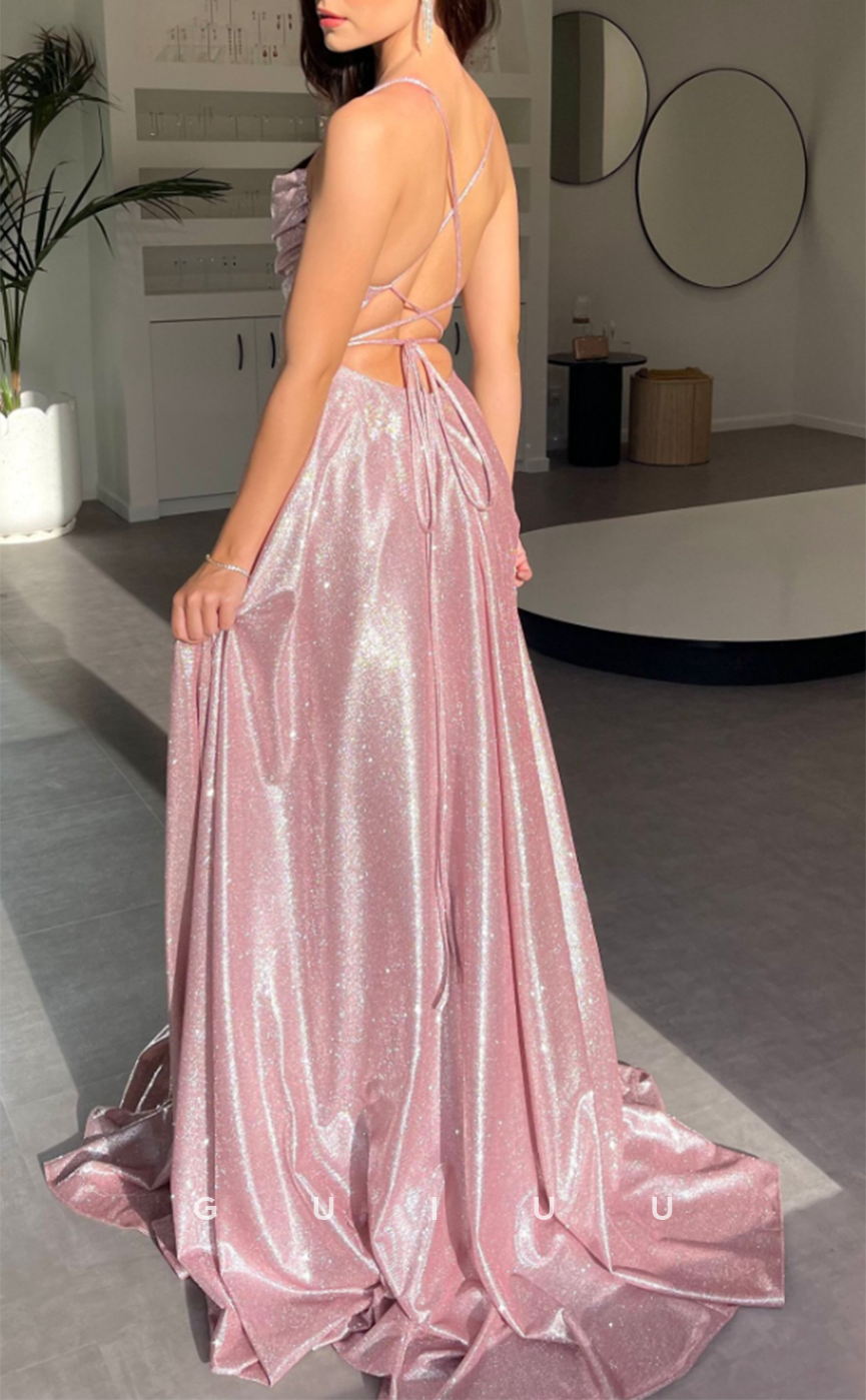 G3243 - Chic & Modern Glitter Straps Pleats Pink Long Formal Prom Dresses