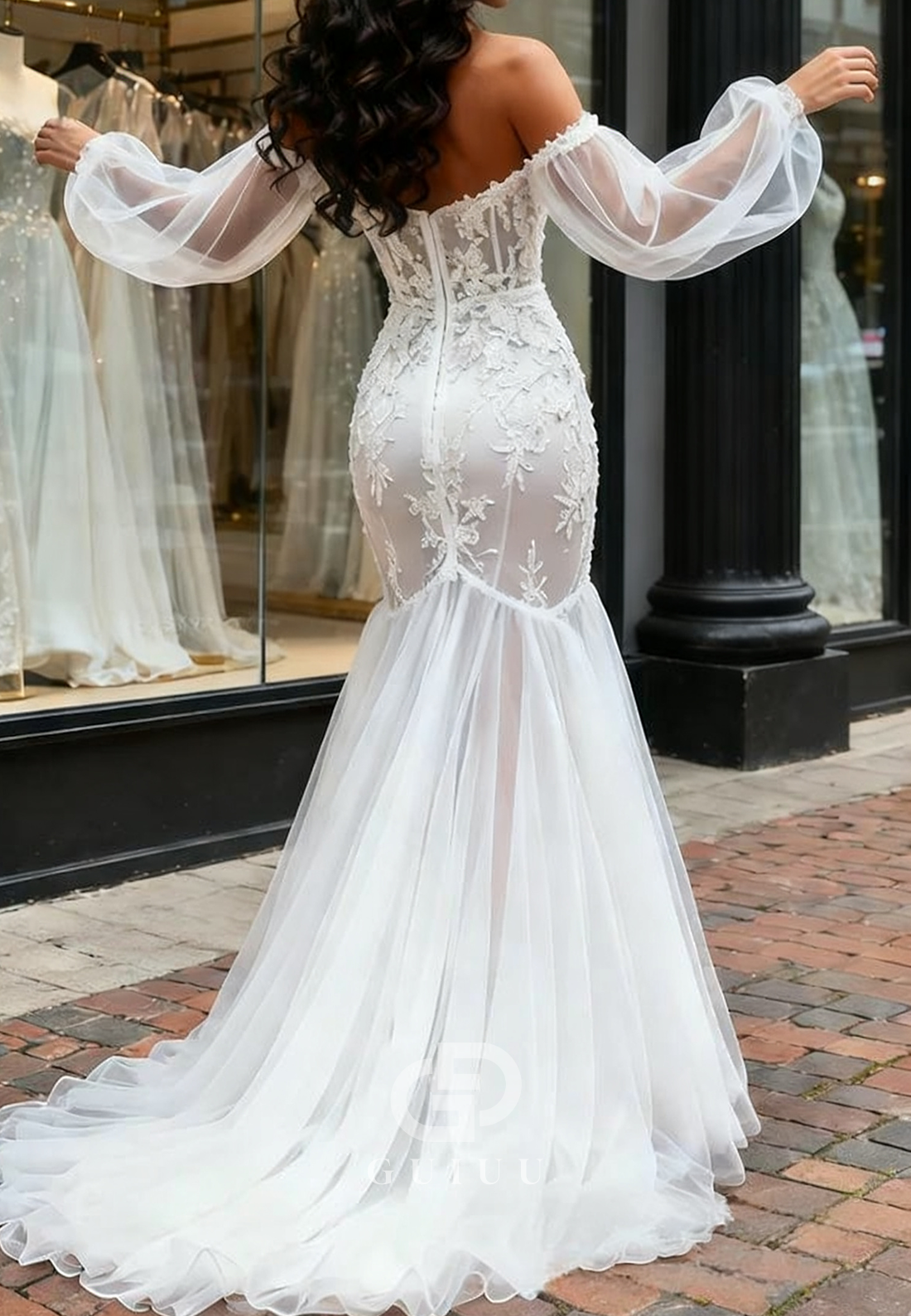 Long Sleeves Off-Shoulder Slit Floral Appliques Lace Wedding Dress