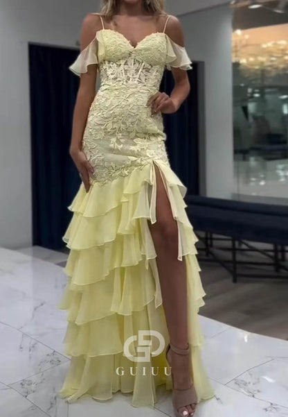 Mermaid Cold Sleeves Red Lace Ruffles Prom Dress