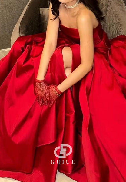 Princess A Line Strapless Red Long Prom Dress