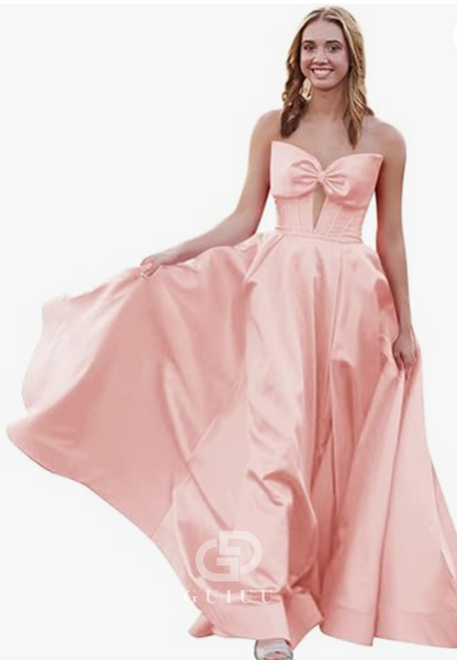 Royal Blue A-Line Strapless Sleeveless Prom Dress with Slit Empire-Waist Evening Party Dress