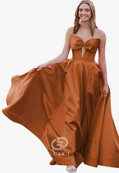 Royal Blue A-Line Strapless Sleeveless Prom Dress with Slit Empire-Waist Evening Party Dress