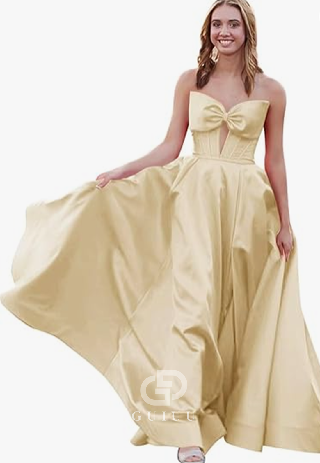 Royal Blue A-Line Strapless Sleeveless Prom Dress with Slit Empire-Waist Evening Party Dress