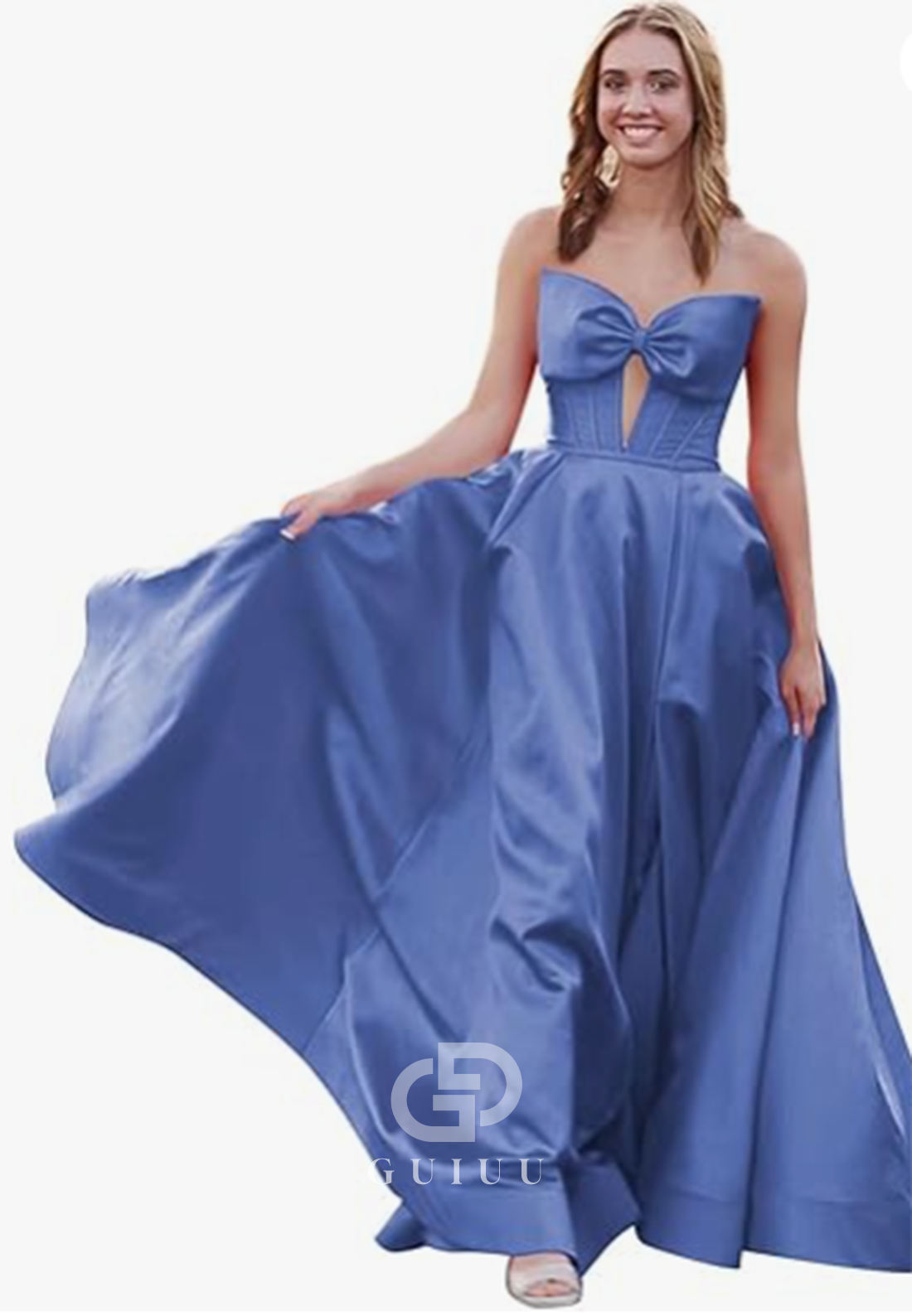 Royal Blue A-Line Strapless Sleeveless Prom Dress with Slit Empire-Waist Evening Party Dress