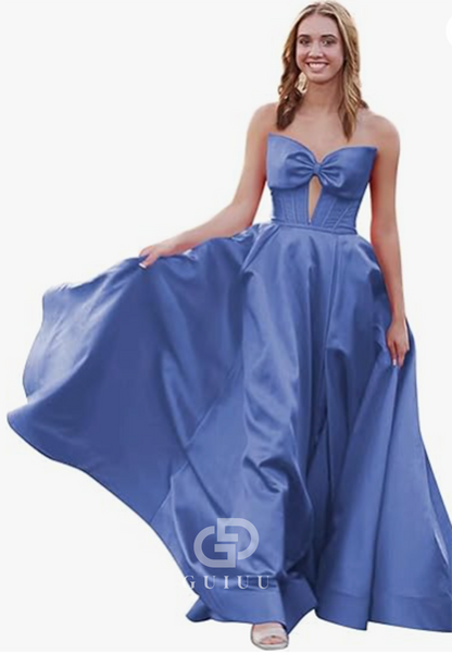 Royal Blue A-Line Strapless Sleeveless Prom Dress with Slit Empire-Waist Evening Party Dress