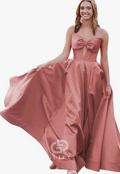 Royal Blue A-Line Strapless Sleeveless Prom Dress with Slit Empire-Waist Evening Party Dress