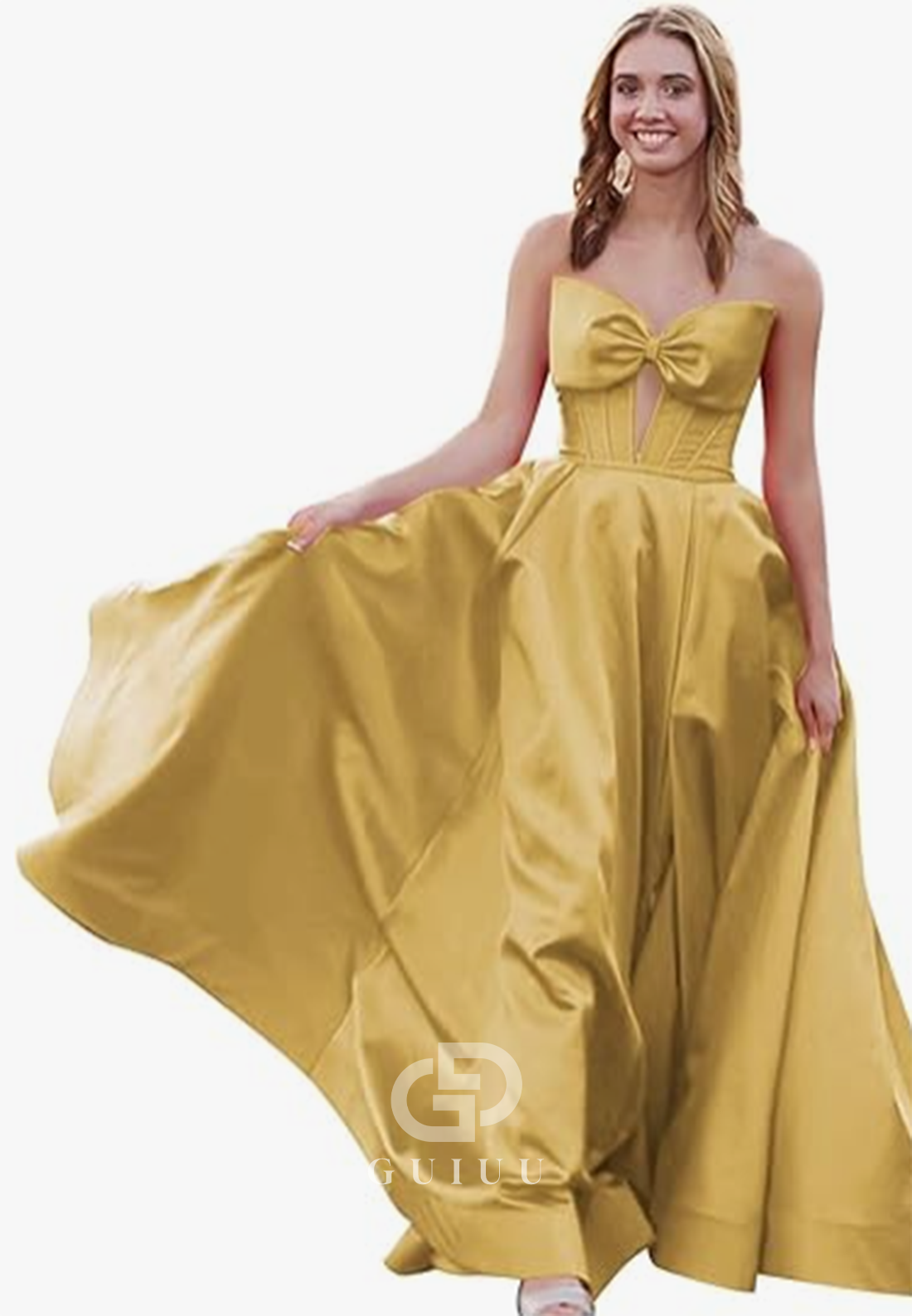 Royal Blue A-Line Strapless Sleeveless Prom Dress with Slit Empire-Waist Evening Party Dress