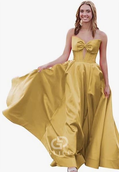 Royal Blue A-Line Strapless Sleeveless Prom Dress with Slit Empire-Waist Evening Party Dress