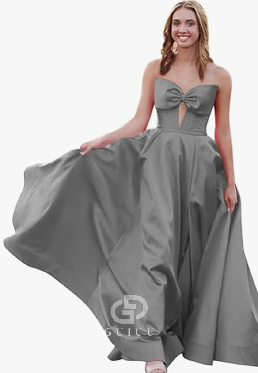 Royal Blue A-Line Strapless Sleeveless Prom Dress with Slit Empire-Waist Evening Party Dress