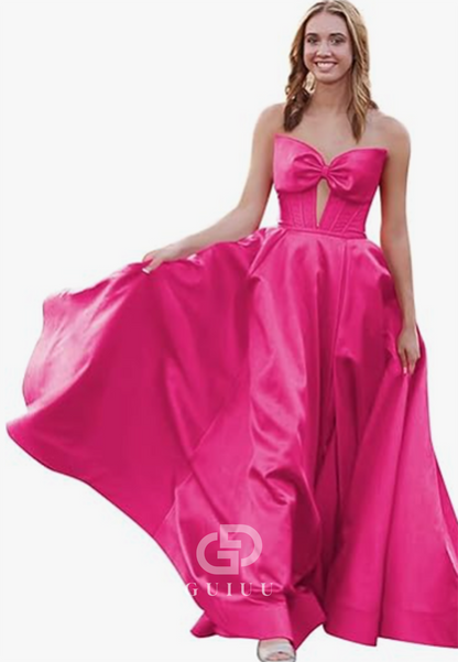 Royal Blue A-Line Strapless Sleeveless Prom Dress with Slit Empire-Waist Evening Party Dress