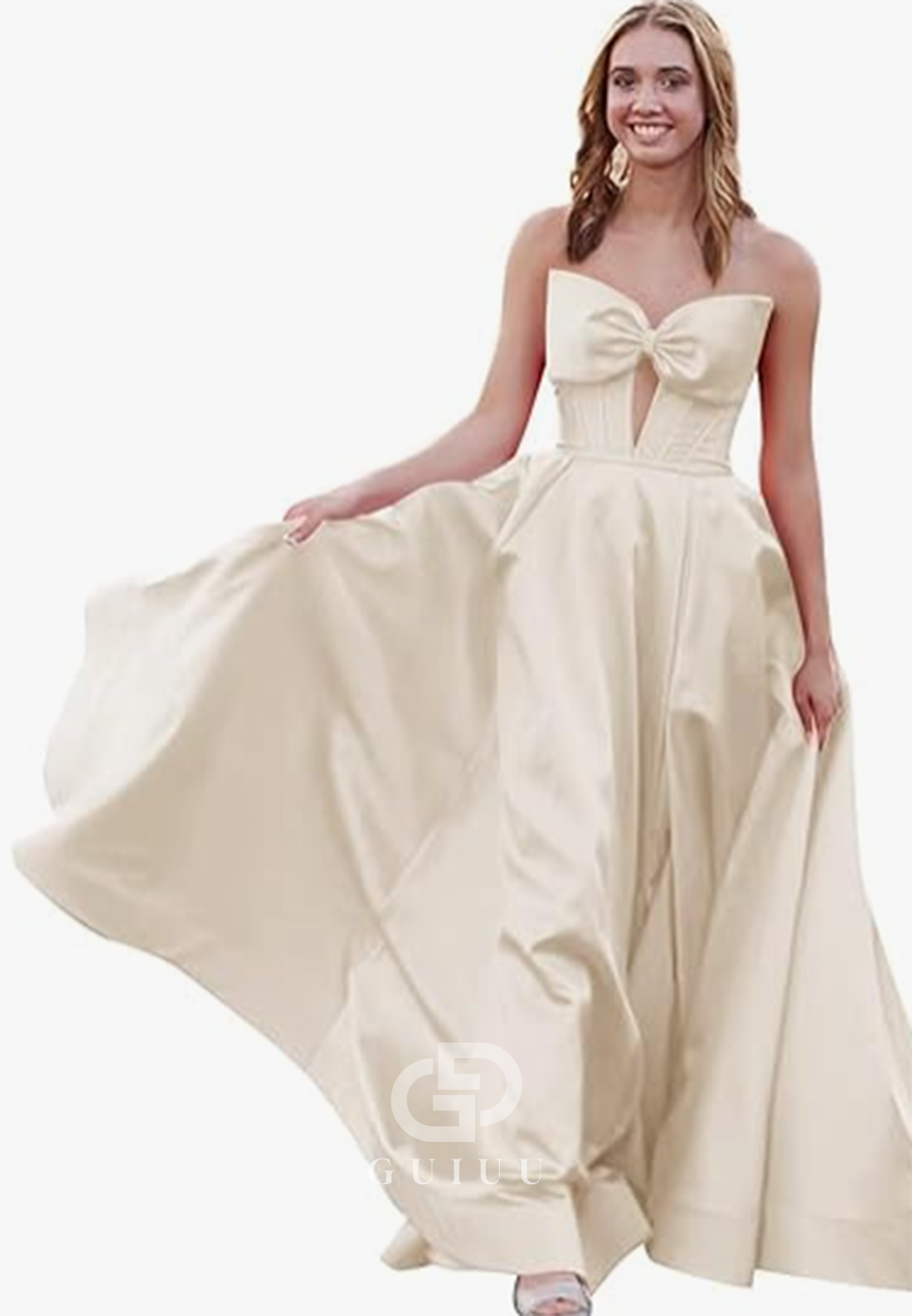 Royal Blue A-Line Strapless Sleeveless Prom Dress with Slit Empire-Waist Evening Party Dress