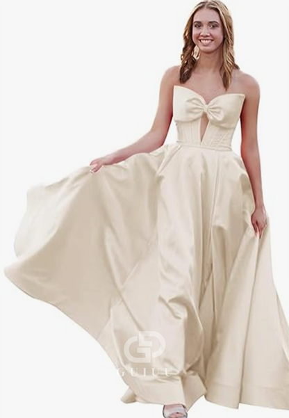 Royal Blue A-Line Strapless Sleeveless Prom Dress with Slit Empire-Waist Evening Party Dress