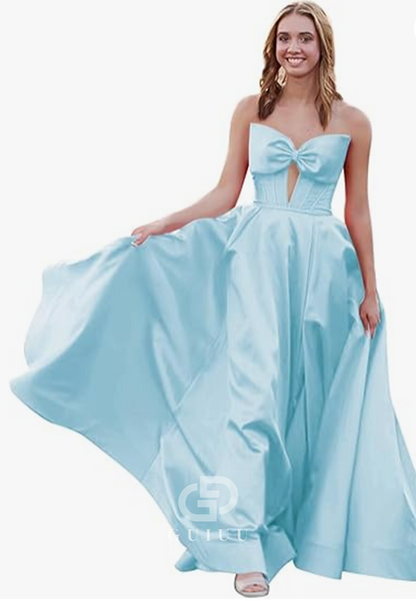 Royal Blue A-Line Strapless Sleeveless Prom Dress with Slit Empire-Waist Evening Party Dress