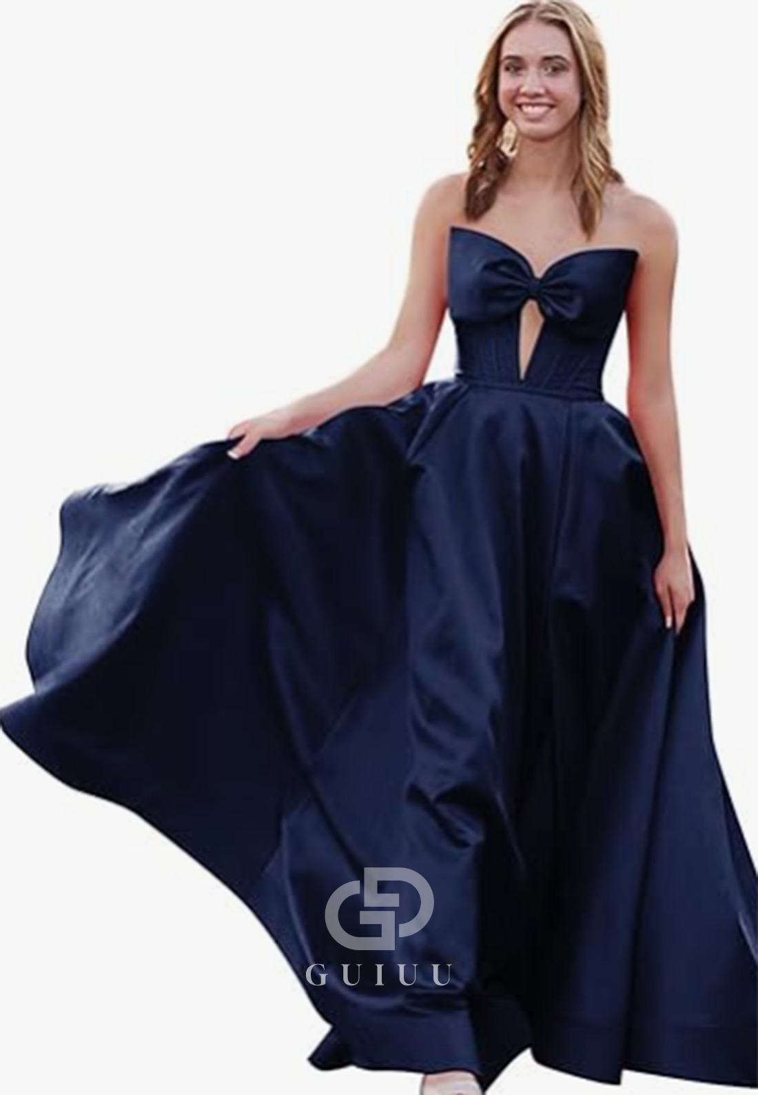 Royal Blue A-Line Strapless Sleeveless Prom Dress with Slit Empire-Waist Evening Party Dress