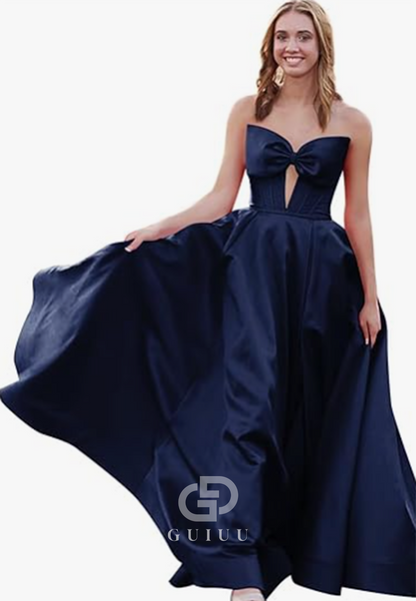 Royal Blue A-Line Strapless Sleeveless Prom Dress with Slit Empire-Waist Evening Party Dress