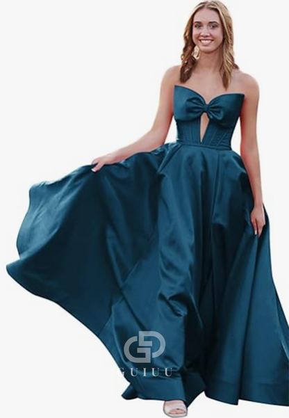 Royal Blue A-Line Strapless Sleeveless Prom Dress with Slit Empire-Waist Evening Party Dress