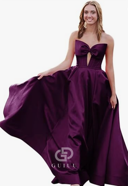 Royal Blue A-Line Strapless Sleeveless Prom Dress with Slit Empire-Waist Evening Party Dress