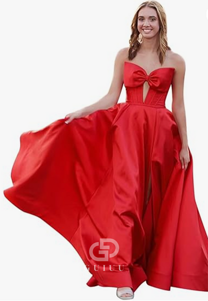 Royal Blue A-Line Strapless Sleeveless Prom Dress with Slit Empire-Waist Evening Party Dress