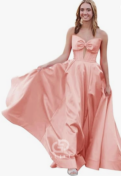 Royal Blue A-Line Strapless Sleeveless Prom Dress with Slit Empire-Waist Evening Party Dress