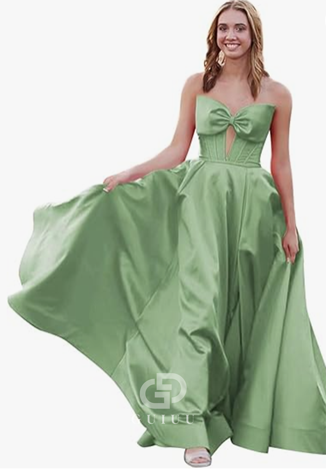 Royal Blue A-Line Strapless Sleeveless Prom Dress with Slit Empire-Waist Evening Party Dress