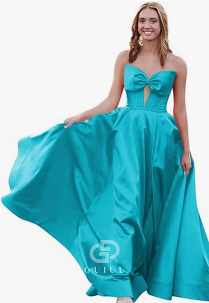 Royal Blue A-Line Strapless Sleeveless Prom Dress with Slit Empire-Waist Evening Party Dress