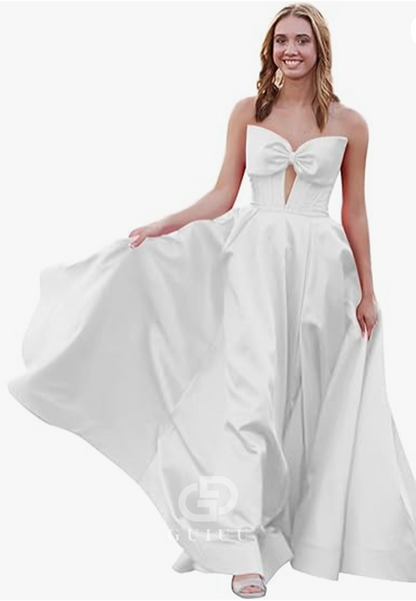 Royal Blue A-Line Strapless Sleeveless Prom Dress with Slit Empire-Waist Evening Party Dress