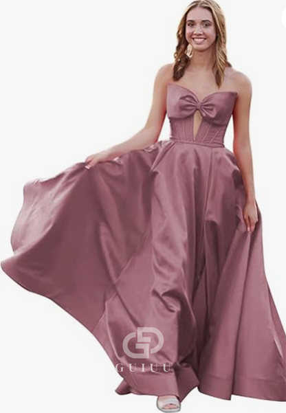 Royal Blue A-Line Strapless Sleeveless Prom Dress with Slit Empire-Waist Evening Party Dress