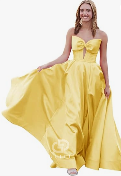 Royal Blue A-Line Strapless Sleeveless Prom Dress with Slit Empire-Waist Evening Party Dress