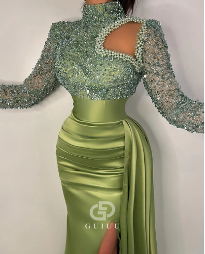 G3817 - Chic & Modern Sheath High Neck Sequined and Draped Formal Party Gown Prom Dress with Overlay