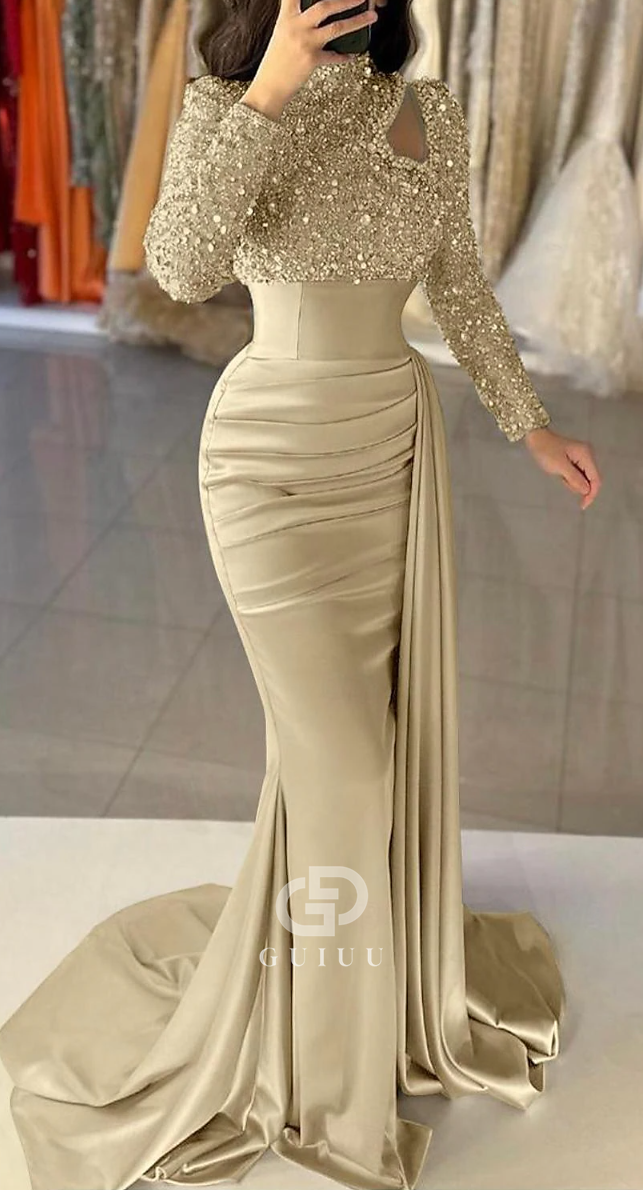 G3817 - Chic & Modern Sheath High Neck Sequined and Draped Formal Party Gown Prom Dress with Overlay