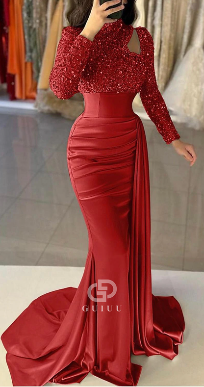 G3817 - Chic & Modern Sheath High Neck Sequined and Draped Formal Party Gown Prom Dress with Overlay