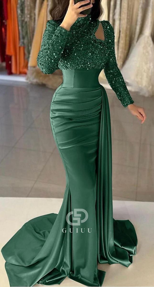 G3817 - Chic & Modern Sheath High Neck Sequined and Draped Formal Party Gown Prom Dress with Overlay