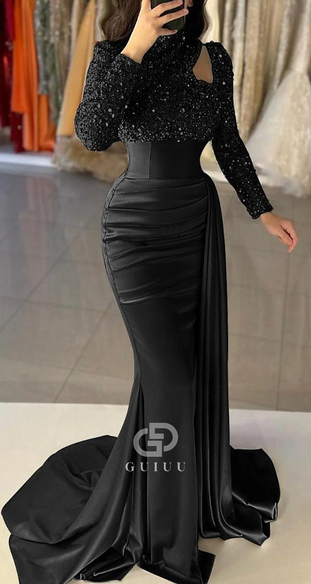 G3817 - Chic & Modern Sheath High Neck Sequined and Draped Formal Party Gown Prom Dress with Overlay
