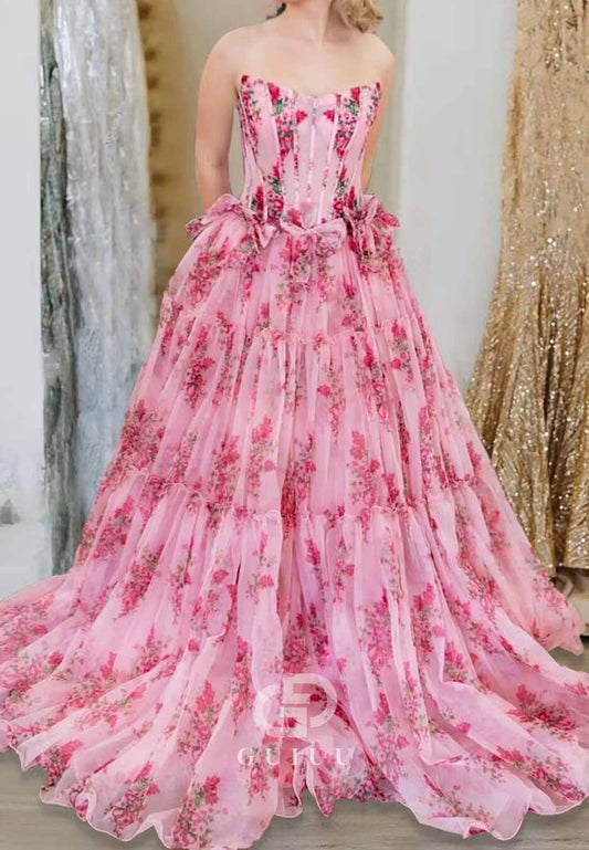 Pink Strapless Chiffon A-Line Floral Tiered Prom Dress With Bow