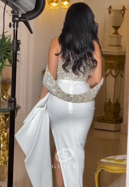 Sparkly Sheath Strapless Sleeveless Slit Ruched Evening Dress