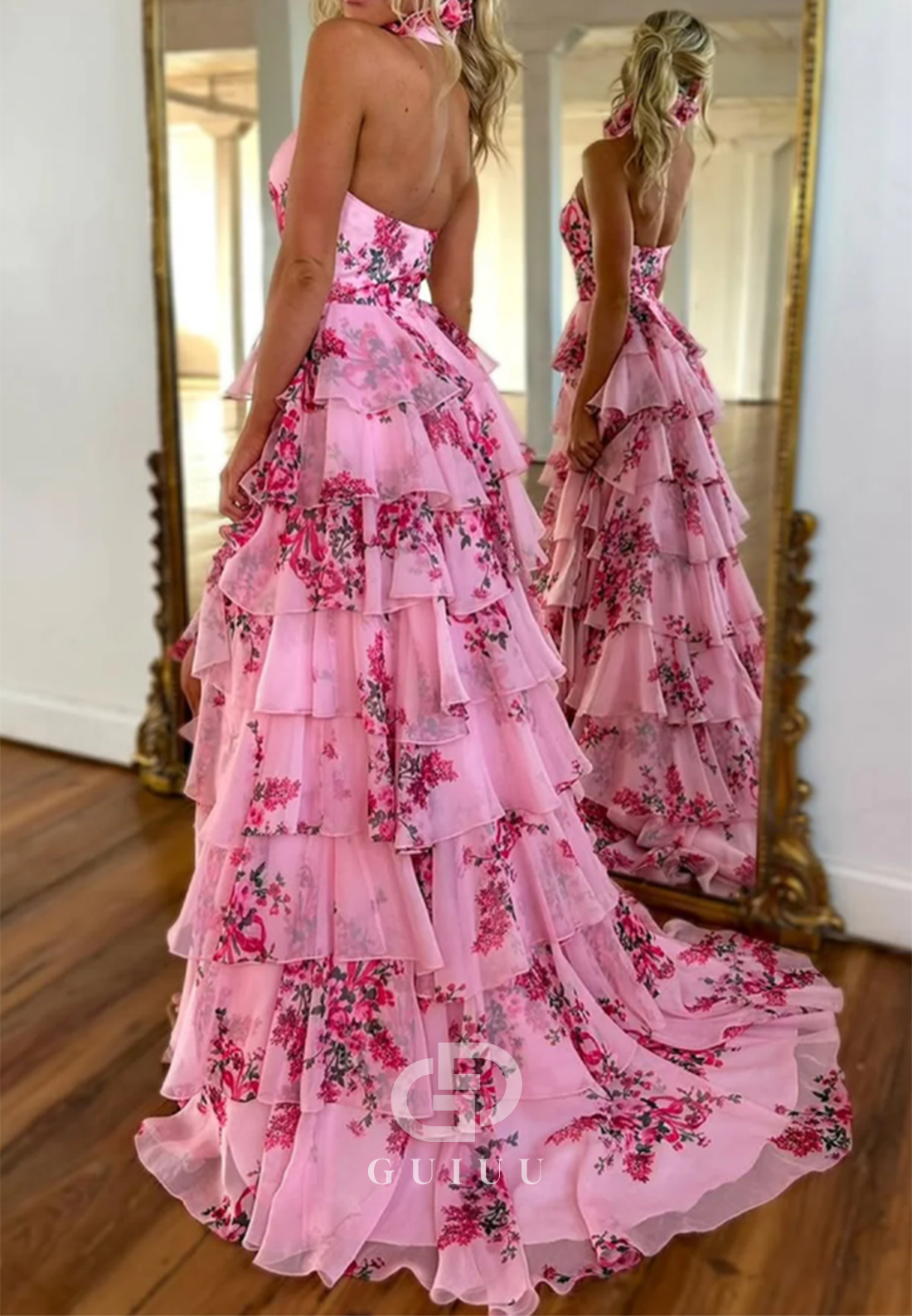 Halter Sleeveless Ruffles A-Line Chiffon Prom Dress