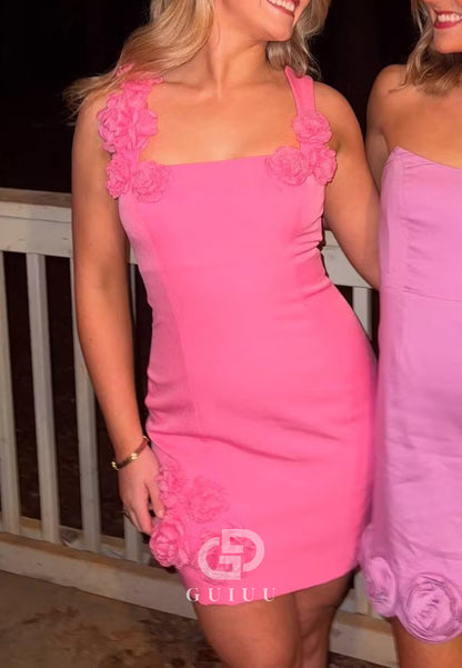 Hot Pink Floral Applique Square Neck Mini Homecoming Dress