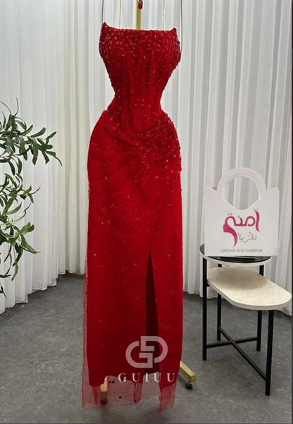 Red Strapless Sleeveless Slit Beads Ruched Prom Dress