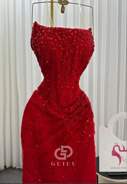 Red Strapless Sleeveless Slit Beads Ruched Prom Dress