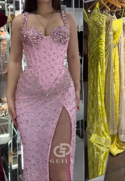 Blushing Pink Spaghetti Straps Sweetheart Ruched Sequins Prom Dress