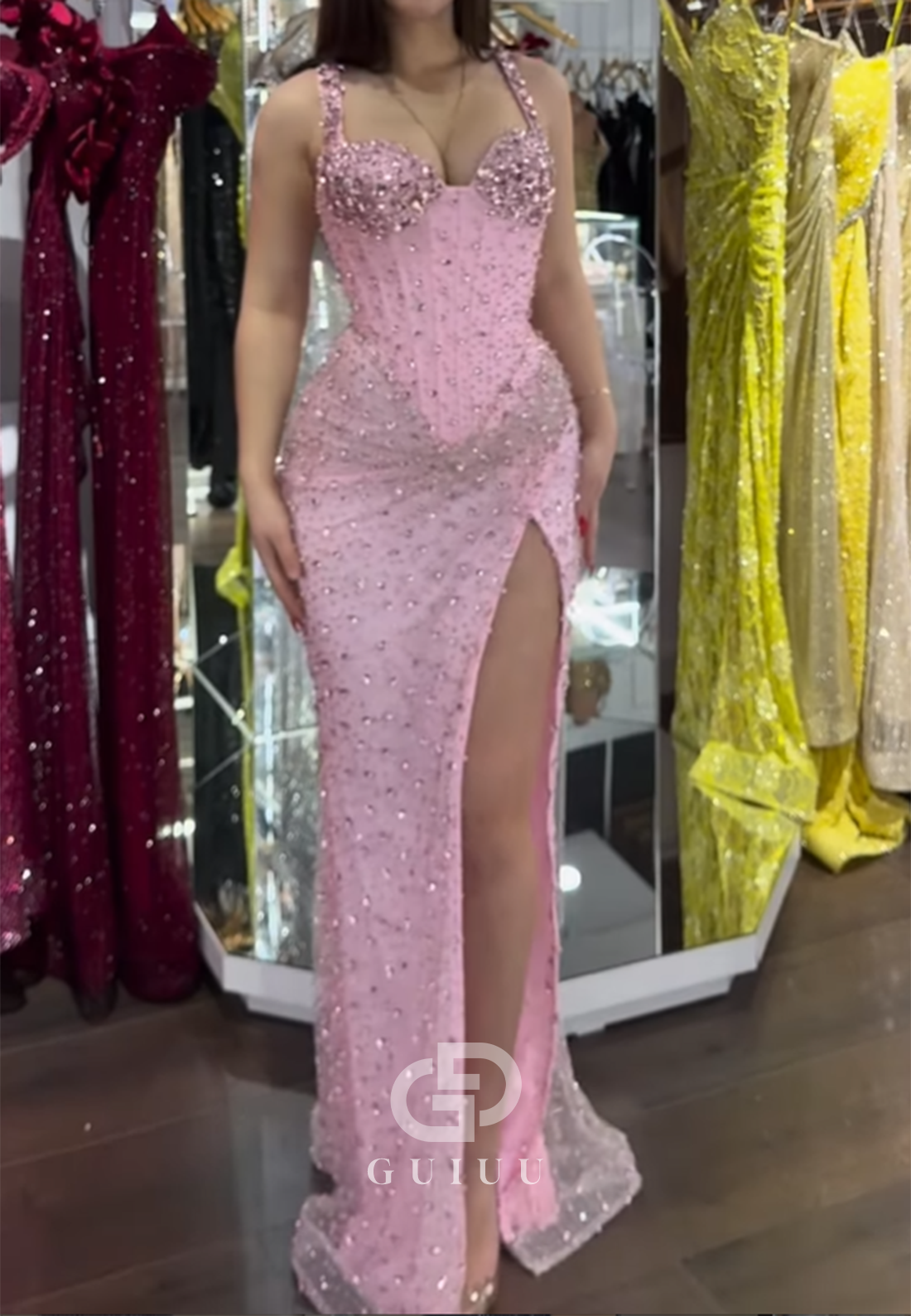 Blushing Pink Spaghetti Straps Sweetheart Ruched Sequins Prom Dress