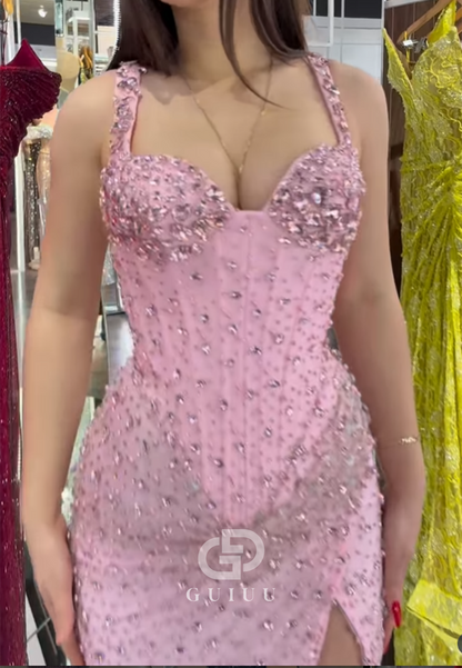 Blushing Pink Spaghetti Straps Sweetheart Ruched Sequins Prom Dress