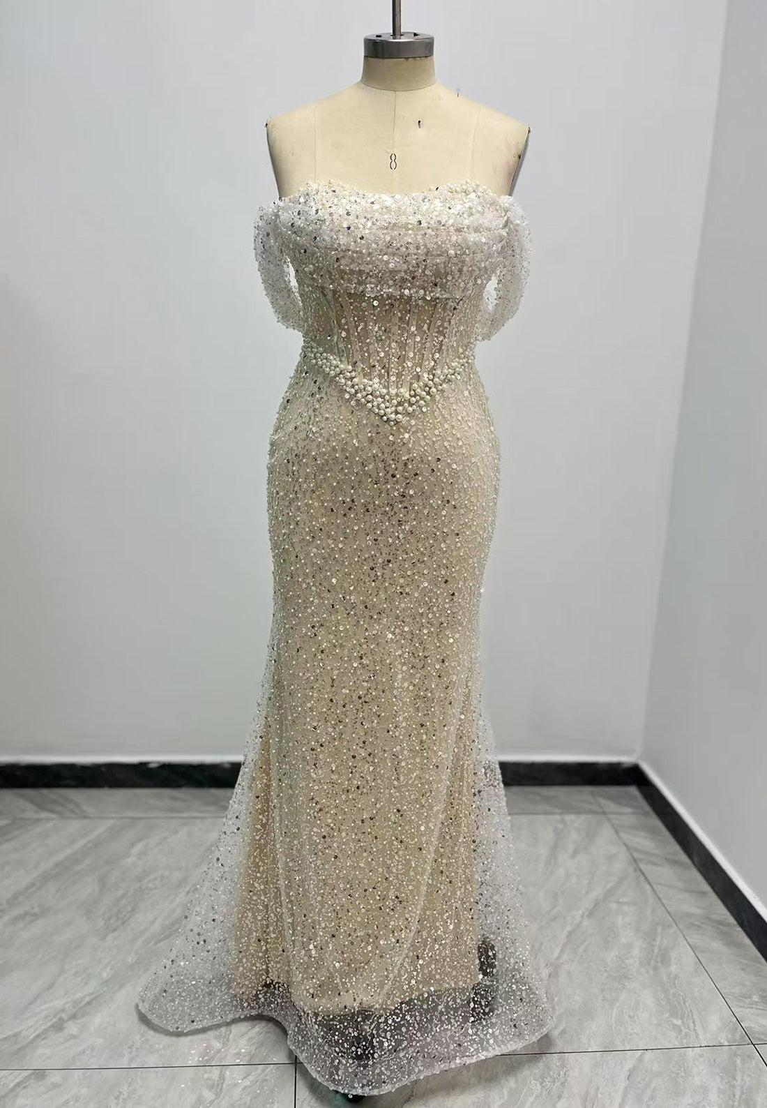 G3275 - Chic & Modern Beaded Off-Shoulder Pleats Champagne Party Prom Evening Dresses