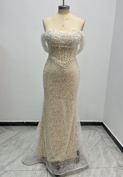 G3275 - Chic & Modern Beaded Off-Shoulder Pleats Champagne Party Prom Evening Dresses