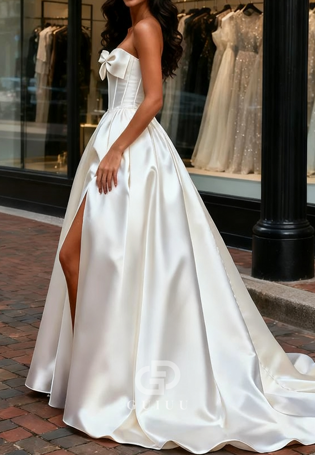 A-Line Sleeveless Strapless Bowknot Slit Satin Wedding Dress