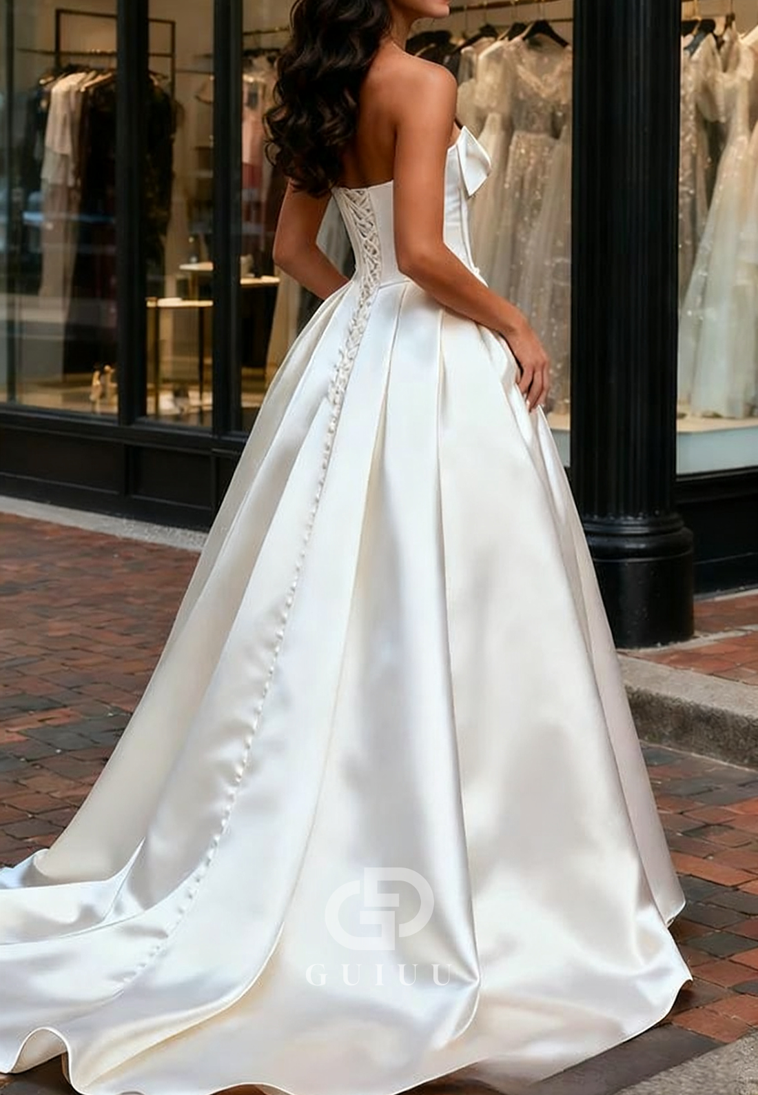 A-Line Sleeveless Strapless Bowknot Slit Satin Wedding Dress