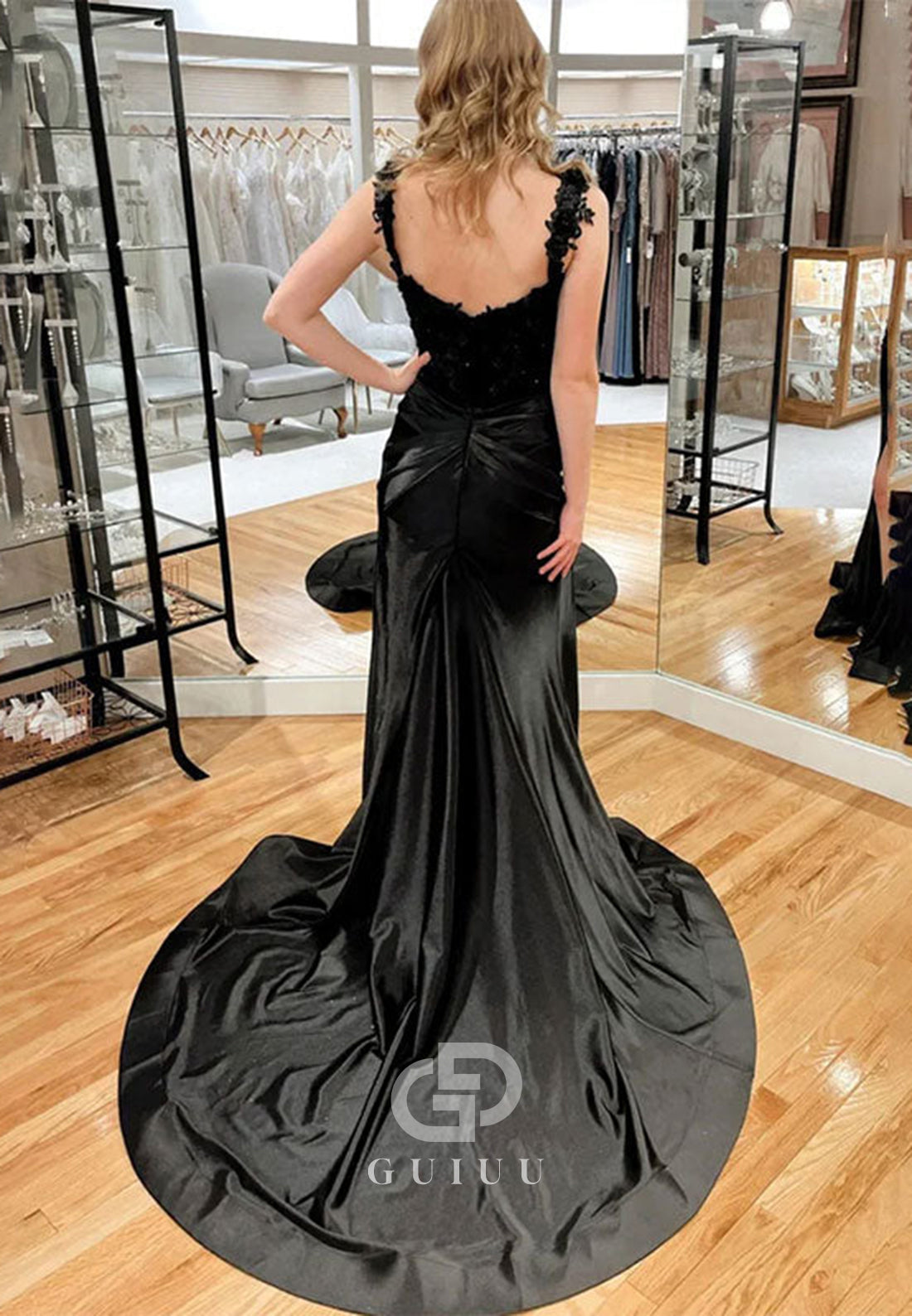 Black Mermaid Appliques Pleated Long Prom Dress with Slit