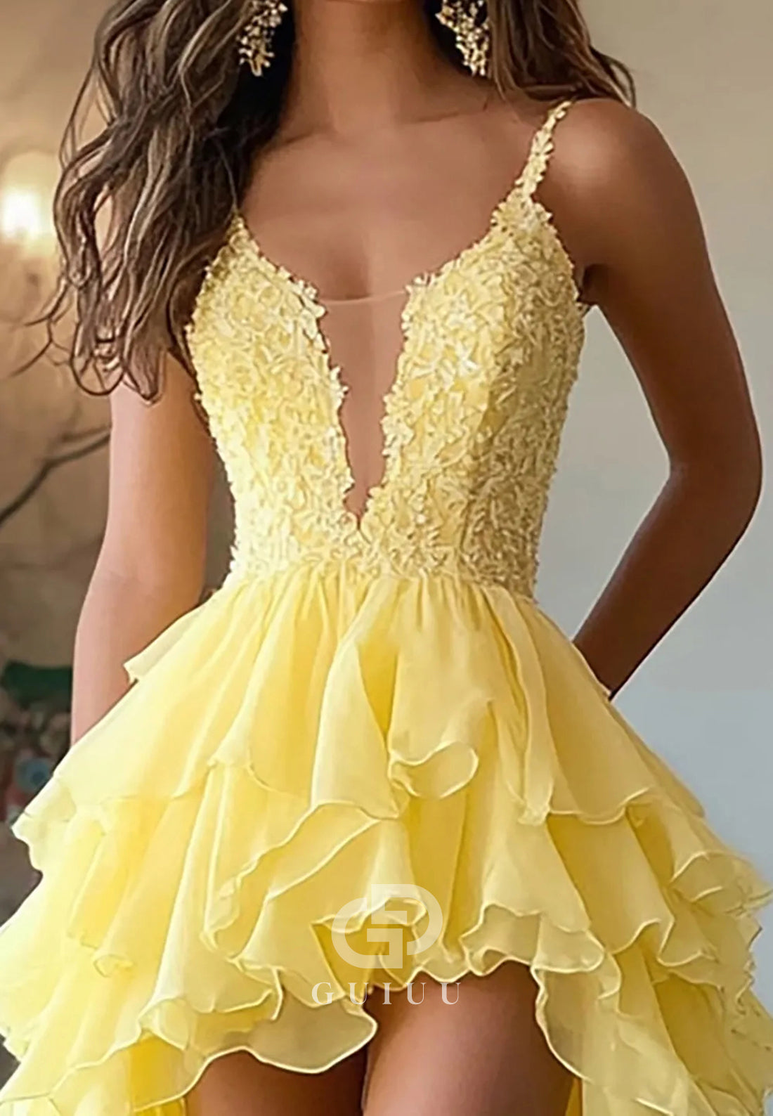 Daffodil High Low V-Neck Ruffled Spaghetti Straps Homecoming Dress